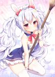  1girl alternate_costume animal_ears azur_lane bangs bare_shoulders between_legs blue_collar blue_dress blush bow breasts broom closed_mouth collar collarbone commentary_request detached_collar dress enmaided eyebrows_visible_through_hair hair_between_eyes holding holding_broom laffey_(azur_lane) long_hair looking_at_viewer maid maid_headdress mauve rabbit_ears red_bow red_eyes sidelocks silver_hair small_breasts solo sparkle star strapless strapless_dress thigh-highs twintails very_long_hair white_legwear wrist_cuffs 