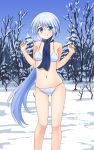  1girl aposine bare_tree bikini breasts breath day forest highres light_blue_hair long_hair looking_at_viewer low-tied_long_hair nature navel original outdoors pine_tree scarf smile snow solo standing swimsuit tree very_long_hair w_arms white_bikini winter 