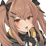  1girl :3 :d bangs black_gloves black_jacket black_neckwear black_ribbon blush brown_eyes brown_hair finger_to_mouth fingerless_gloves girls_frontline gloves hair_between_eyes hair_ornament hair_ribbon hairclip hand_up highres index_finger_raised jacket jingo long_hair looking_at_viewer open_clothes open_jacket open_mouth ribbon shirt sidelocks simple_background smile solo twintails ump9_(girls_frontline) upper_body v-shaped_eyebrows white_background white_shirt 