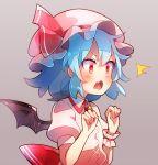  /\/\/\ 1girl 60mai bangs bat_wings blue_hair blush brooch commentary_request dress fang grey_background hands_up hat hat_ribbon jewelry mob_cap open_mouth pink_dress pink_hat puffy_short_sleeves puffy_sleeves red_eyes red_ribbon remilia_scarlet ribbon short_hair short_sleeves simple_background solo touhou upper_body v-shaped_eyebrows wings wrist_cuffs 