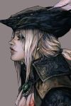  1girl ascot blonde_hair bloodborne grey_background hankuri hat lady_maria_of_the_astral_clocktower long_hair ponytail simple_background solo the_old_hunters tricorne white_hair 
