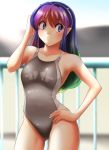  1girl absurdres alternate_costume blue_eyes blue_hair blurry collarbone competition_swimsuit contrapposto cowboy_shot depth_of_field disconnected_mouth gradient_hair green_hair grey_swimsuit hand_on_hip highres horns long_hair looking_to_the_side lum multicolored_hair nanao_futaba one-piece_swimsuit oni oni_horns pointy_ears railing solo standing swimsuit urusei_yatsura 
