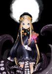  1girl abigail_williams_(fate/grand_order) absurdres bangs black_bow black_dress black_headwear blonde_hair blue_eyes blush bow commentary_request dark_background dress fate/grand_order fate_(series) hair_bow hat highres ibrahimovic190 long_hair long_sleeves looking_at_viewer object_hug orange_bow parted_bangs polka_dot polka_dot_bow sleeves_past_fingers sleeves_past_wrists smile solo stuffed_animal stuffed_toy teddy_bear tentacles very_long_hair 