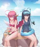  2girls absurdres ahoge angel_wings animal bikini black_hair blue_eyes blue_swimsuit breasts cheese clouds collarbone commentary day demon_wings eating english_commentary feathers feet_out_of_frame food frown fruit halo hamster highres holding horns looking_at_viewer medium_breasts melon multiple_girls navel ocean original pink_hair red_bikini red_wings sitting spoon stone sunglasses swimsuit water wings yansae81 