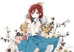  1girl absurdres aiqing bangs belt blue_eyes blue_skirt blush breasts brown_hair commentary_request eyebrows_visible_through_hair fingers_together flower go-toubun_no_hanayome hair_between_eyes headphones headphones_around_neck highres looking_at_viewer looking_to_the_side medium_hair nakano_miku red_flower shirt skirt solo standing white_belt white_flower white_shirt yellow_flower 