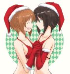  2girls alternate_costume bangs bikini breasts brown_eyes brown_hair checkered checkered_background closed_eyes closed_mouth commentary elbow_gloves eyebrows_visible_through_hair facing_another fur-trimmed_gloves fur_trim girls_und_panzer gloves hands_together hat incest interlocked_fingers light_blush light_frown looking_at_another medium_breasts multiple_girls mutsu_(layergreen) nishizumi_maho nishizumi_miho open_mouth red_bikini red_gloves red_hat santa_costume santa_hat short_hair siblings sisters smile swimsuit upper_body yuri 