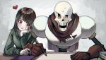  1boy 1other androgynous chara_(undertale) gloves heart open_mouth papyrus_(undertale) pencil red_eyes scarf shirt shousan_(hno3syo) skeleton smile source_request sweat undertale yellow_eyes 