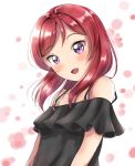  10s 1girl :d ascii_media_works bangs bare_shoulders black_shirt blush bra_strap bushiroad collarbone commentary_request cute eyebrows_visible_through_hair head_tilt highres long_hair looking_at_viewer love_live! love_live!_school_idol_project moe nishikino_maki off-shoulder_shirt off_shoulder open_mouth parted_lips redhead shirt sin_(sin52y) smile solo sunrise_(studio) tokyo_mx upper_body violet_eyes 