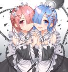  2girls absurdres apron bangs black_dress black_sleeves blue_eyes blue_hair blue_ribbon blush breasts broken_horn chains cleavage detached_sleeves dress eyebrows_visible_through_hair frills hair_ornament hair_over_one_eye hair_ribbon hand_holding highres horn looking_at_viewer maid maid_headdress medium_breasts multiple_girls open_mouth pink_hair pink_ribbon ram_(re:zero) re:zero_kara_hajimeru_isekai_seikatsu red_eyes red_ribbon rem_(re:zero) ribbon short_hair siblings sisters smile twins weapon white_apron x_hair_ornament yansae81 