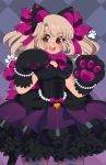  1girl alternate_costume animal_ears black_cat_d.va black_dress black_gloves blonde_hair bow breasts brown_eyes cowboy_shot d.va_(overwatch) dress eyebrows_visible_through_hair eyes_visible_through_hair frilled_dress frills gloves hair_bow highres long_hair looking_at_viewer open_mouth overwatch purple_bow queen_ashi smile solo twintails 