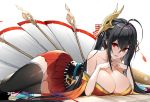  1girl ahoge azur_lane bangs bare_shoulders black_hair black_legwear blush breasts cleavage collarbone crossed_bangs eyebrows_visible_through_hair hair_between_eyes hair_ribbon huge_breasts japanese_clothes kimono large_breasts long_hair looking_at_viewer luse_maonang lying mask mask_on_head obi open_mouth parted_lips red_eyes red_kimono red_ribbon ribbon sash short_kimono smile solo taihou_(azur_lane) thigh-highs thighs tied_hair twintails very_long_hair white_background 
