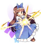  1girl blue_dress boots bow brown_eyes brown_footwear brown_hair commentary_request dress fairy fairy_wings full_body hair_bow ini_(inunabe00) light long_hair magic open_mouth outstretched_arms ribbon smile solo star star_sapphire touhou transparent_background wings 