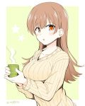  1girl alternate_costume beige_sweater brown_eyes brown_hair collarbone cup green_background kantai_collection long_hair looking_at_viewer ooi_(kantai_collection) ribbed_sweater rui_shi_(rayze_ray) solo star steam sweater twitter_username upper_body yunomi 