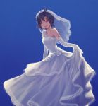  1girl :d ^_^ antenna_hair bangs bare_shoulders black_hair blue_background blush breasts bridal_veil closed_eyes closed_eyes dress elbow_gloves facing_viewer gloves happy highres idolmaster idolmaster_(classic) kikuchi_makoto long_dress naname_(fossama1) open_mouth short_hair simple_background small_breasts smile solo standing upper_teeth veil wedding_dress white_dress white_gloves 