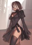  1girl artist_name black_legwear blindfold breasts cleavage cleavage_cutout gloves highres leotard lips mole mole_under_mouth nier_(series) nier_automata revolmxd short_hair silver_hair skindentation solo thigh-highs thighs white_leotard yorha_no._2_type_b 