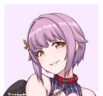  1girl artist_name bare_shoulders black_wings brown_eyes chains collar commentary disco_brando eyebrows_visible_through_hair face grin hair_ornament head_tilt heart idolmaster idolmaster_cinderella_girls koshimizu_sachiko looking_at_viewer parted_lips portrait purple_background purple_hair short_hair simple_background smile solo twitter_username wings 
