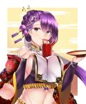  1girl alcohol bangs bare_shoulders black_sleeves braid breasts brown_eyes closed_mouth commentary_request crop_top cup detached_sleeves egasumi eyebrows_visible_through_hair hair_between_eyes hair_ornament hand_on_own_chest hand_up highres holding holding_cup kamimusubi_(p&amp;d) large_breasts long_hair long_sleeves navel purple_hair puzzle_&amp;_dragons sakazuki sake setu_(shining12) smile solo upper_body very_long_hair 