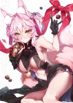  1girl animal_ear_fluff animal_ears armpits bangs bare_legs bare_shoulders black_gloves blush box_of_chocolates breasts china_dress chinese_clothes chocolate commentary_request double_bun dress eyebrows_visible_through_hair fate/grand_order fate_(series) fox_ears fox_girl fox_shadow_puppet fox_tail glasses gloves hair_between_eyes hair_ribbon happy_valentine highres kanola_u koyanskaya looking_at_viewer medium_breasts navel pink_hair pink_ribbon puckered_lips ribbon short_hair sidelocks sitting solo tail tassel twintails under_boob underboob_cutout valentine white-framed_eyewear yellow_eyes 