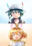  2girls :d animal_ears artist_request backpack bag bare_shoulders black_gloves black_shirt blonde_hair blue_background blue_eyes blush bow bowtie closed_eyes collarbone collared_shirt eyebrows_visible_through_hair frilled_shirt frills gloves green_hair happy hat hat_feather helmet highres kaban_(kemono_friends) kemono_friends messy_hair multiple_girls older open_mouth pith_helmet red_shirt serval_(kemono_friends) serval_ears serval_print shirt short_hair sleeveless sleeveless_shirt smile source_request spoilers striped striped_shirt v-neck white_hat white_shirt yellow_background 