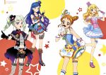  4girls ;d absurdres aikatsu! aikatsu!_(series) arisugawa_otome arm_strap bangs bet black_gloves black_hat black_shorts blonde_hair blue_bow blue_eyes blue_gloves blue_hair blue_hairband blue_hat blue_shorts blunt_bangs bow brown_hair capelet card choker collarbone drill_hair earrings fake_facial_hair fake_mustache fingerless_gloves floating_hair flower frilled_capelet frilled_skirt frills garter_straps gloves gradient hair_bun hairband hand_on_hip hat hat_bow hat_flower heart heart_print highres holding holding_card hoshimiya_ichigo index_finger_raised jewelry kazesawa_sora leg_up long_hair looking_at_viewer midriff miniskirt multicolored_hair multiple_girls navel necklace official_art one_eye_closed open_mouth overskirt page_number pink_flower pink_footwear pink_hat pleated_skirt print_skirt purple_capelet purple_hair red_bow red_eyes ribbon-trimmed_capelet rose shoe_bow shoes short_hair short_shorts shorts sidelocks silver_hair skirt sleeves smile standing standing_on_one_leg stomach thigh-highs thigh_strap toudou_yurika twin_drills two-tone_hair very_long_hair white_flower white_gloves 