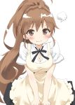  1girl annoyed apron black_skirt blush breasts brown_eyes brown_hair cleavage clenched_hands long_hair peko ponytail shirt simple_background skirt solo taneshima_popura upper_body very_long_hair white_background white_shirt working!! 