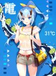  1girl alternate_costume azur_lane bare_shoulders belt blue_background blue_eyes blue_hair blush bow breasts casual character_name collarbone day earrings eyebrows_visible_through_hair food fruit hair_between_eyes hair_ornament hair_ribbon highres horns inazuma_(azur_lane) itohime jewelry lemon lemon_slice long_hair looking_at_viewer medium_breasts midriff navel off-shoulder_shirt off_shoulder open_mouth ribbon shirt short_sleeves shorts smile solo standing temperature water weather yellow_bow yellow_shirt 