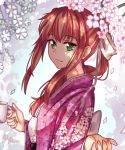  1girl absurdres alternate_costume brown_hair cherry_blossoms commentary cup doki_doki_literature_club english_commentary eyebrows_visible_through_hair floral_print from_side green_eyes hair_ribbon highres japanese_clothes kimono long_hair looking_at_viewer monika_(doki_doki_literature_club) outstretched_hand petals pink_skin ponytail print_kimono ribbon sidelocks smile solo white_ribbon yaya_chan yukata 