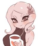  1girl breasts closed_mouth coffee cup food heart highres holding holding_cup jtveemo large_breasts long_hair looking_at_viewer mug octarian octoling simple_background single_bare_shoulder single_sleeve smile solo splatoon splatoon_(series) splatoon_2 splatoon_2:_octo_expansion takoyaki tentacle_hair turtleneck upper_body white_background 