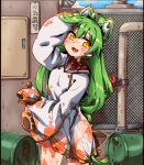  1girl akashi_(azur_lane) animal_ear_fluff animal_ears azur_lane bangs blush blush_stickers breasts clouds eyebrows_visible_through_hair fence green_hair hair_between_eyes hihachi long_hair long_sleeves looking_at_viewer open_mouth outdoors pipe sky solo translated yellow_eyes 