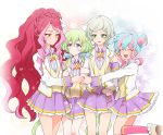  4girls aikatsu! aikatsu!_(series) aikatsu_stars! bangs blue_hair bow braid double_bun drill_hair elza_forte eyebrows_visible_through_hair flower futaba_aria green_eyes green_hair hair_between_eyes hair_flower hair_ornament hanazono_kirara hand_holding kizaki_rei leg_up long_hair looking_at_another multicolored_hair multiple_girls open_mouth pink_hair popoin school_uniform short_hair simple_background skirt smile twin_drills twintails venus_ark_uniform white_background yellow_eyes 