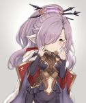  1girl blurry blurry_background blush chokuro cloak commentary_request dress granblue_fantasy hair_ornament hair_over_one_eye harvin hood hooded_cloak looking_at_viewer navel navel_cutout nio_(granblue_fantasy) pointy_ears ponytail purple_hair violet_eyes 