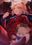  1girl absurdres alternate_costume blonde_hair blurry bracelet braid depth_of_field fate/grand_order fate_(series) formal french_braid green_eyes highres jewelry mordred_(fate)_(all) ponytail short_hair solo_focus stuffed_animal stuffed_toy suit yorukun 