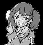  +_+ 1girl bandaid bandaid_on_face greyscale hair_tie index_finger_raised jacy japanese_clothes kantai_collection kariginu lowres magatama monochrome open_mouth ribbon-trimmed_sleeves ribbon_trim ryuujou_(kantai_collection) smile solo twintails upper_body 