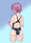  1girl ass back back_cutout black_swimsuit competition_swimsuit cowboy_shot from_behind hands_up looking_at_viewer looking_back one-piece_swimsuit original parted_lips peco_(pockleberry) profile purple_hair shade shiny shiny_clothes short_hair solo standing swimsuit violet_eyes 