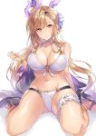  1girl arm_support bangs bikini blush breasts brown_eyes brown_hair cleavage collarbone eyebrows_visible_through_hair granblue_fantasy hair_ornament hairband halter_top halterneck head_wings large_breasts long_hair looking_at_viewer navel parted_lips shiny shiny_skin sitting solo song_(granblue_fantasy) stomach swimsuit thigh_strap thighs wariza white_bikini yuzuki_karu 