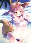  1girl absurdres animal_ear_fluff animal_ears bangs beach bikini blue_bikini blue_sky blush bracelet breasts cleavage clouds cloudy_sky collarbone day ears_through_headwear eyebrows_visible_through_hair fate/extra fate/grand_order fate_(series) fox_ears fox_tail hat highres jewelry large_breasts long_hair looking_at_viewer navel ocean open_mouth outdoors palm_leaf palm_tree pink_hair scan see-through shirt side-tie_bikini sky smile solo sousouman standing straw_hat sun_hat swimsuit t-shirt tail tamamo_(fate)_(all) tamamo_no_mae_(fate) tamamo_no_mae_(swimsuit_lancer)_(fate) tree water water_drop wet wet_clothes wet_shirt wet_t-shirt yellow_eyes 