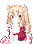  1girl animal_ear_fluff animal_ears bangs blonde_hair blush cat_ears cropped_torso crystal eringi_(rmrafrn) eyebrows_visible_through_hair flandre_scarlet hair_between_eyes hand_up kemonomimi_mode long_hair puffy_short_sleeves puffy_sleeves red_eyes red_vest shirt short_sleeves simple_background solo touhou upper_body vest white_background white_shirt wings wrist_cuffs 