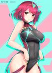  1girl adjusting_clothes adjusting_swimsuit aqua_background bangs black_swimsuit breasts casual_one-piece_swimsuit covered_navel cowboy_shot highres pyra_(xenoblade) large_breasts looking_at_viewer nintendo one-piece_swimsuit redhead rei_kun short_hair solo standing swept_bangs swimsuit tiara turtleneck xenoblade_(series) xenoblade_2 