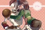  1boy 1other androgynous apron ass basketball blush chara_(undertale) chocolate closed_eyes food hat open_mouth pantyhose papyrus_(undertale) pasta shirt shorts shousan_(hno3syo) skeleton smile source_request spaghetti striped striped_shirt undertale 