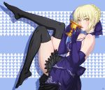  1girl absurdres alcohol artoria_pendragon_(all) backless_dress backless_outfit bangs bare_shoulders black_legwear black_skirt blonde_hair blue_background blue_bow blue_choker blue_dress blue_gloves blush bow braid breasts choker covered_nipples cup darkmuleth dress drinking elbow_gloves eyebrows_visible_through_hair fate/grand_order fate_(series) floating french_braid frilled_skirt frills from_side full_body gloves grail halter_dress highres holding holding_cup large_breasts leg_up looking_at_viewer miniskirt saber_alter skirt strap_gap thigh-highs triangle wine yellow_eyes 