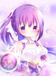  1girl bangs bare_shoulders blush bow breasts closed_mouth commentary_request detached_sleeves eyebrows_visible_through_hair gochuumon_wa_usagi_desu_ka? hair_between_eyes hair_bow kirara_fantasia long_hair ponytail puffy_short_sleeves puffy_sleeves purple_hair rin_(fuwarin) roman_numerals shirt short_sleeves small_breasts smile solo tedeza_rize twitter_username upper_body very_long_hair violet_eyes white_bow white_shirt white_sleeves 