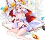  1girl atori ayanami_(azur_lane) azur_lane barefoot blonde_hair breasts bug butterfly choker cleavage collarbone eyebrows_visible_through_hair floating_hair groin hair_between_eyes highres insect japanese_clothes kimono long_hair long_sleeves looking_at_viewer medium_breasts midriff navel print_kimono red_eyes sidelocks sitting solo stomach very_long_hair white_kimono 
