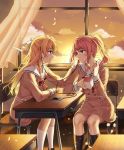 2girls bang_dream! bangs bendy_straw black_legwear blonde_hair blush bow brown_dress cellphone chair closed_mouth clouds cloudy_sky curtains desk dress drinking_straw earphones eye_contact eyebrows_visible_through_hair hair_between_eyes hair_ribbon holding holding_drinking_straw holding_earphone indoors kneehighs long_hair looking_at_another maruyama_aya multiple_girls on_chair parted_lips phone pinb pink_hair profile red_bow red_eyes ribbon sailor_collar sailor_dress school_chair school_desk school_uniform shared_earphones shirasagi_chisato sky smartphone sunset twintails very_long_hair white_legwear white_ribbon white_sailor_collar window yuri