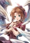  1girl :d aerith_gainsborough angel_wings aqua_eyes braid brown_hair buttons cropped_jacket dress feathered_wings final_fantasy final_fantasy_vii hair_intakes hair_ribbon jacket long_hair looking_at_viewer multiple_wings open_clothes open_jacket open_mouth pink_dress pink_ribbon red_jacket ribbon sasanomesi short_sleeves simple_background single_braid smile solo upper_body white_background white_wings wings 