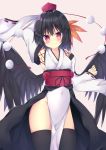  1girl arm_behind_head arm_up armpits bangs bare_shoulders black_hair black_legwear black_wings blush breasts cleavage closed_mouth commentary_request covered_navel cowboy_shot eyebrows_visible_through_hair feathered_wings groin hat japanese_clothes kimono kourindou_tengu_costume kuraaken leaf_fan long_sleeves low_wings obi pink_background pom_pom_(clothes) red_eyes red_hat ribbon-trimmed_sleeves ribbon_trim sash shameimaru_aya short_hair simple_background smile solo thigh-highs tokin_hat touhou waist_cape white_kimono wide_sleeves wings 