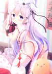  1girl ahoge ass azur_lane bangs blush box bun_cover china_dress chinese_clothes commentary_request day dress eyebrows_visible_through_hair from_behind gift gift_box hair_between_eyes hair_bun holding holding_gift indoors kittipat_jituatakul kneeling long_hair looking_at_viewer looking_back no_shoes on_head parted_lips pelvic_curtain pillow puffy_short_sleeves puffy_sleeves purple_hair short_sleeves side_bun soles solo striped stuffed_alicorn stuffed_animal stuffed_toy thigh-highs translation_request unicorn_(azur_lane) vertical_stripes very_long_hair violet_eyes white_dress white_legwear window wrist_cuffs 