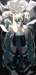  1girl absurdres bare_arms bare_shoulders black_background black_skirt commentary_request enma614_(patidonn) expressionless eyebrows_visible_through_hair floating full_body hands_on_own_face hatsune_miku heart highres knees_to_chest legs_crossed long_hair looking_away paper simple_background skirt solo spotlight thigh-highs thighs twintails unknown_mother_goose_(vocaloid) very_long_hair vocaloid 