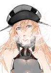  1girl bangs bare_shoulders bismarck_(kantai_collection) blonde_hair blue_eyes breasts cigarette eyebrows_visible_through_hair hair_between_eyes hat highres kantai_collection long_hair military military_hat military_uniform okayu_(papiko1111) open_mouth peaked_cap sailor_hat simple_background smoke smoking solo uniform white_background 