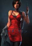  1girl absurdres ada_wong bare_shoulders black_hair black_legwear breasts brown_eyes choker cleavage collarbone commentary cowboy_shot dress english_commentary gem grey_background gun handgun highres holster jacket jacket_removed lips medium_breasts monori_rogue nose pantyhose pistol red_dress resident_evil resident_evil_2 short_dress short_hair shoulder_holster sleeveless sleeveless_dress solo standing walkie-talkie weapon 