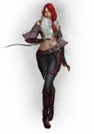  1girl absurdres alternate_costume bare_shoulders beads belt belt_buckle black_gloves boots bracelet brown_footwear buckle closed_mouth dagger devil_may_cry devil_may_cry_2 fingerless_gloves full_body gloves green_eyes hair_between_eyes highres holding holding_dagger holding_weapon jewelry lucia_(devil_may_cry) medium_hair navel redhead scarf skull solo standing tied_hair to_hsu weapon white_scarf 